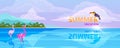 Horizontal summer banner with ocean, tropical island, clouds, toucan and flamingo. Royalty Free Stock Photo